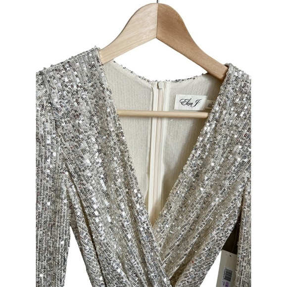 Nwt Eliza J Stretch Sequin Long Sleeve Surplice V-Neck Tie Waist Faux Wrap Top 6 - Picture 4 of 11